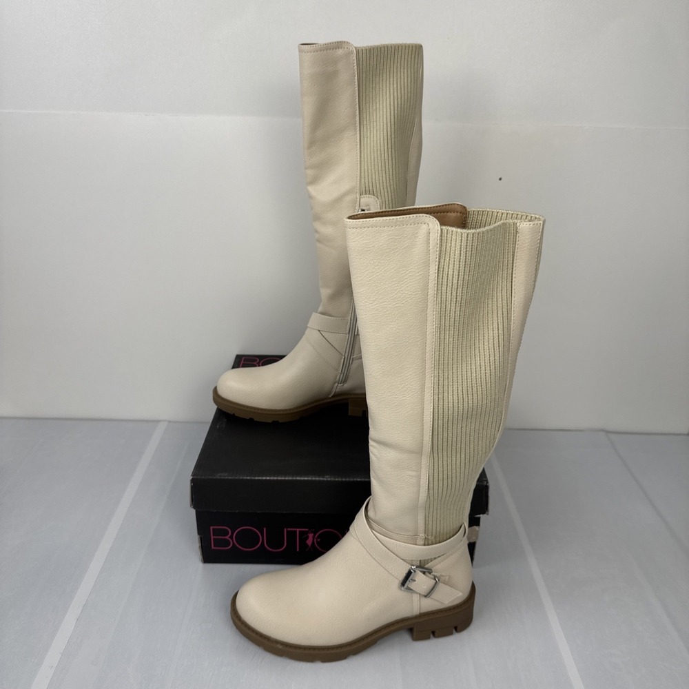 NIB Boutique By Corkys Tall Boots Women 6 Ivory Hayride Lug Sole Buckle Riding